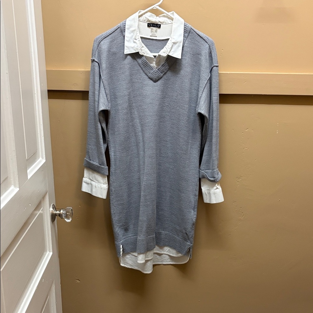 Gray V-Neck Sweater Dress with White Collar